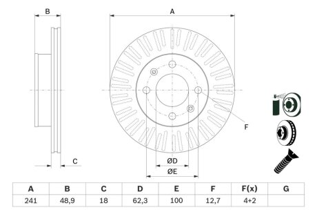 KIA гальмівний диск передн. Picanto 1.1-1.1D 04- BOSCH 0986479E73