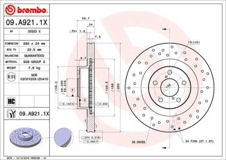 Диск гальмівний BREMBO 09.A921.1X