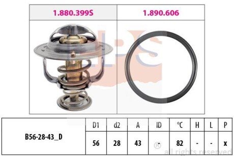 TOYOTA термостат 82C AURIS 06-, AVENSIS 00-, CAMRY 91-, COROLLA 99-, CITROEN, LEXUS, MITSUBISHI EPS 1.880.848