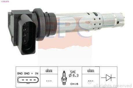 VW котушка запалювання Audi A3,Golf IV,V,VI,Skoda Fabia,Octavia,Caddy III,Passat,Polo,Tiguan,Touran EPS 1.970.474 (фото 1)