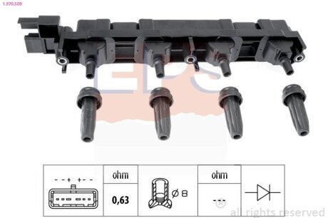 PEUGEOT котушка запалювання 307 2,0 16V 03-,406 2,2 00-,407 1,8/2,2 04-,606 2,2 00- EPS 1.970.509