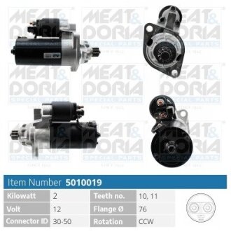 MEATDORIA AUDI Стартер A3 (8L1) 1.8 T 98-03, FORD GALAXY I (WGR) 1.9 TDI 05-06, SEAT TOLEDO II (1M2) 1.9 TDI 03-06, SKODA OCTAVIA I (1U2) 1.8 T 97-10 MEAT&DORIA 5010019 (фото 1)