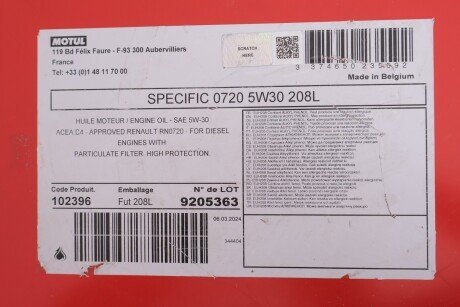 Олива Specific 0720 SAE 5W30 208 L MOTUL 102396 (фото 1)